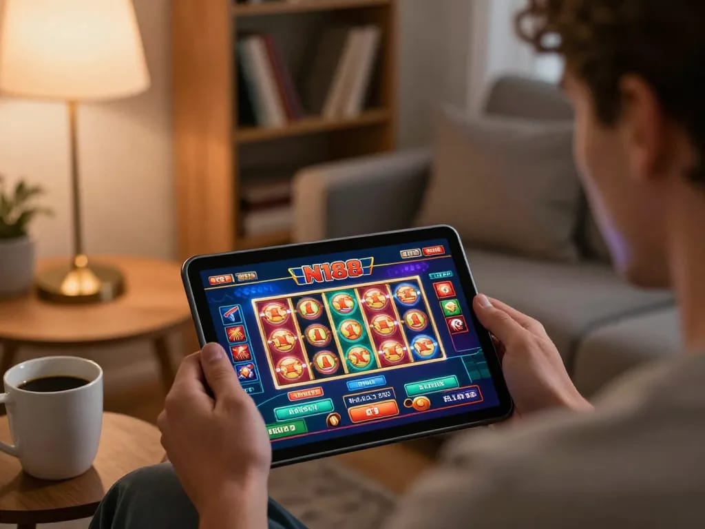 N188 casino player engaging with dynamic slot games on a tablet in a cozy home setting.