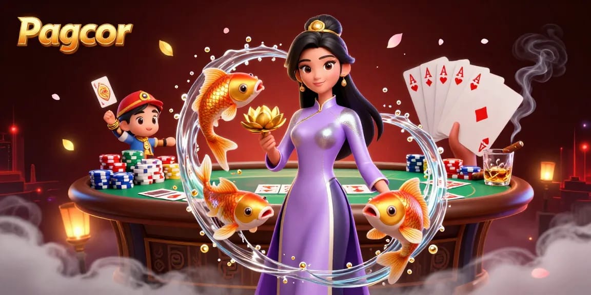 Experience Pagcor's vibrant casino world featuring an elegant woman, poker elements, and koi fish.