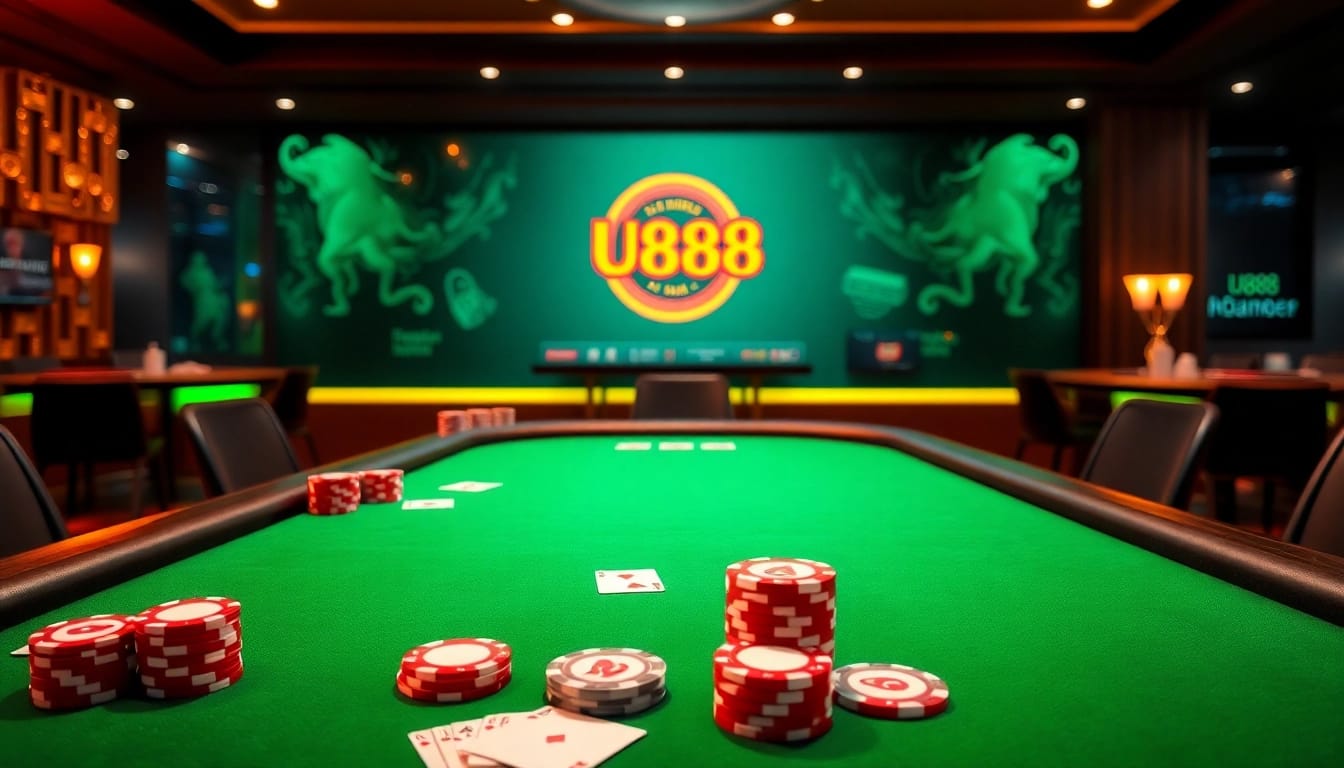 U888 showcases a luxurious casino table with poker chips and cards, highlighting online gambling excitement.
