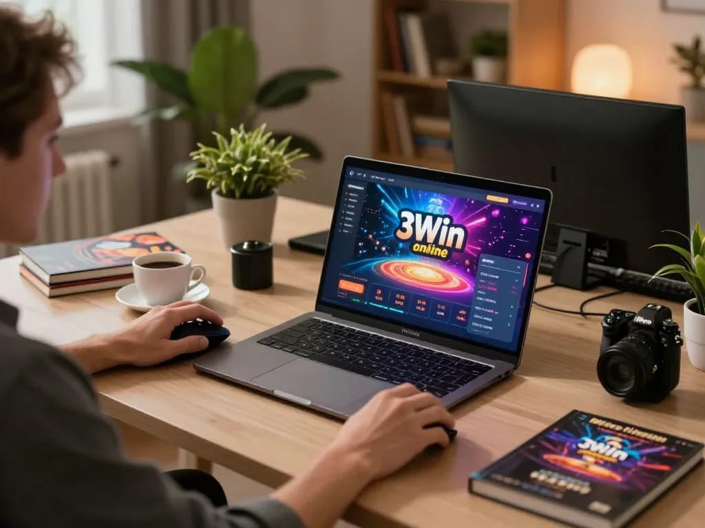 Player engaging with 3Win online casino interface on laptop in a cozy gaming setup