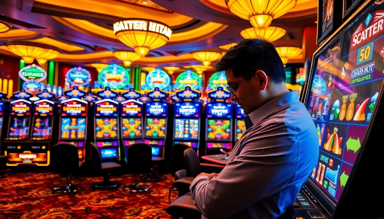Exciting scene of a player engaging with slot demo scatter hitam machines in a vibrant casino.