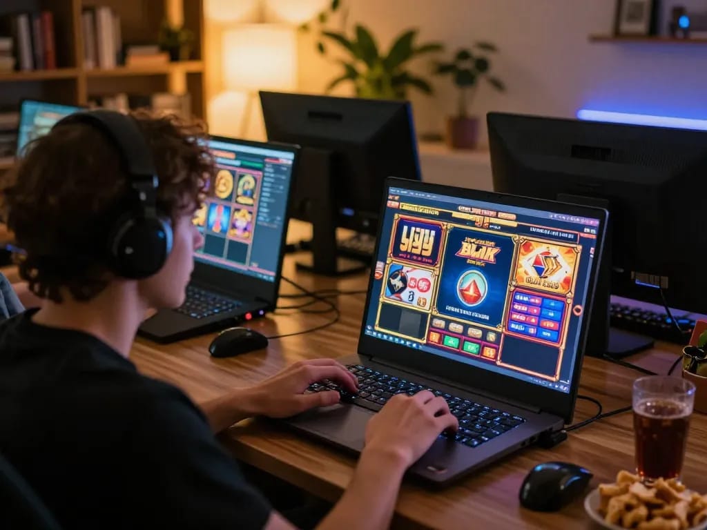 Engaging gameplay on link slot game from the comfort of home, showcasing vibrant screens and a relaxed atmosphere