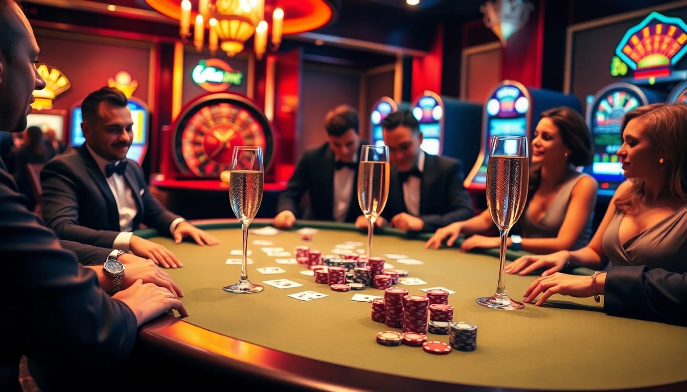Une atmosphère de casino en ligne excitante présentant des joueurs de poker avec des jetons et une roulette.
