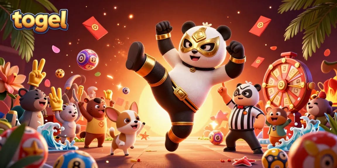 Experience the thrill of togel with a dynamic illustration of a panda wrestler and exciting lottery elements.