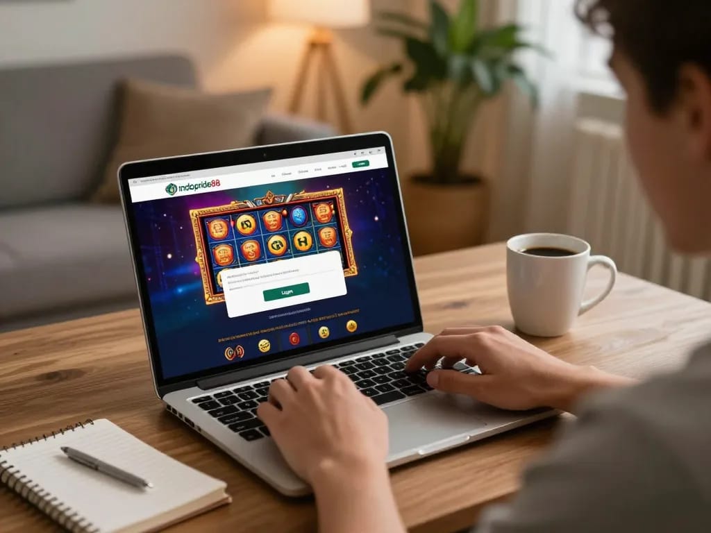 Engaging scene of a user preparing for indopride88 login on a laptop amidst a cozy workspace.