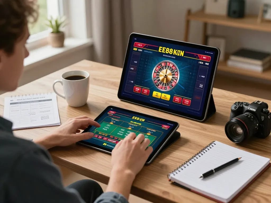 EE88 online gaming experience with a player enjoying a live dealer roulette game on tablet.