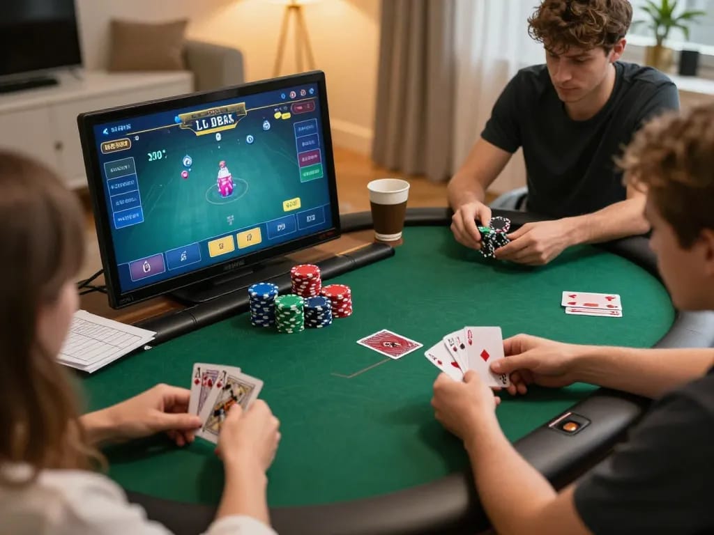 Players experiencing online poker gameplay at 678vip, showcasing strategy and engagement in a warm home environment.