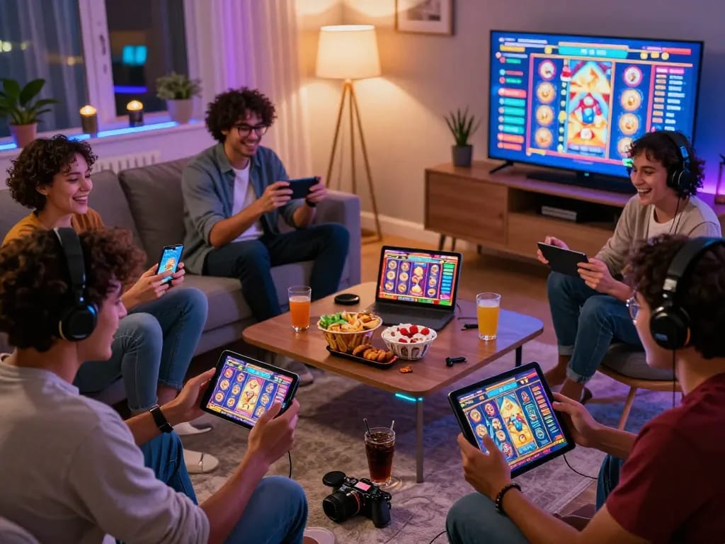 Friends gaming together on vegasslot77 in a lively living room setting.
