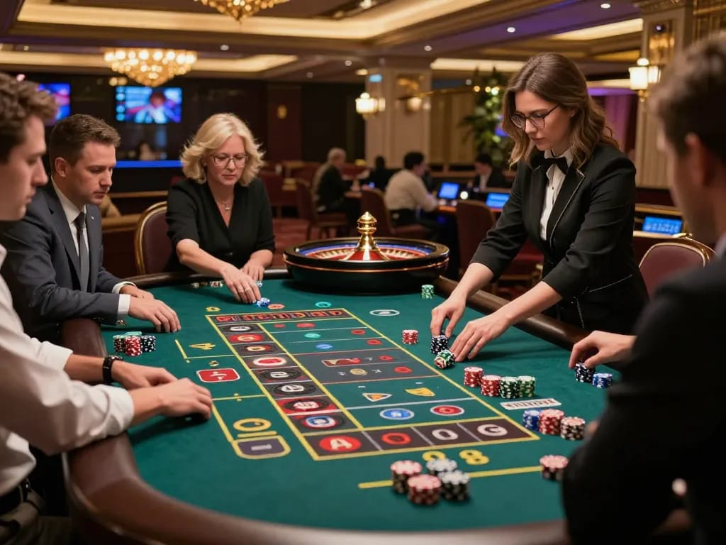 Players placing bets at a roulette table featuring SHBET88, emphasizing vibrant colors and casino excitement.