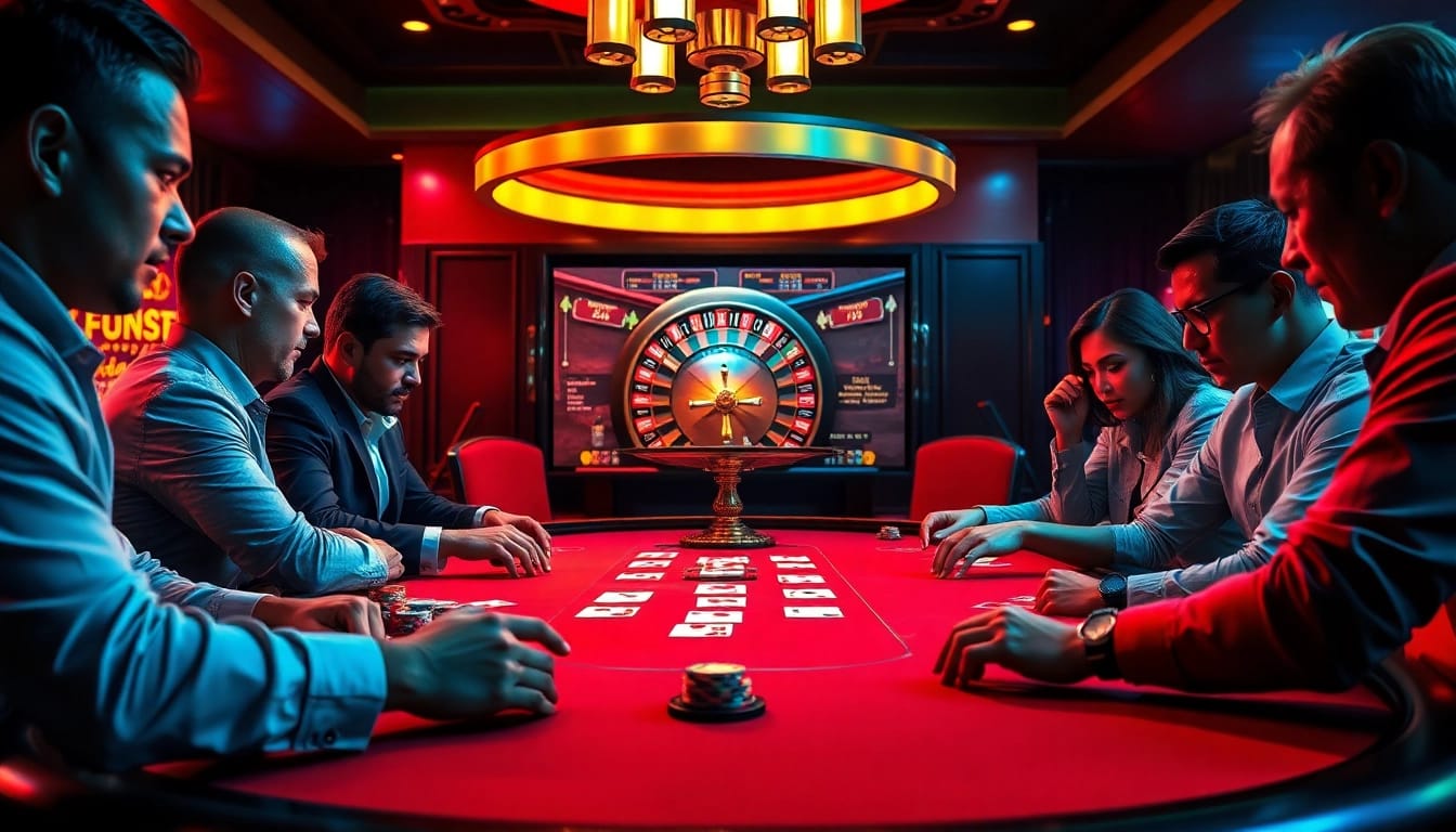 Players enjoying a high-stakes poker game at luck8 casino with neon lights and rich decor.