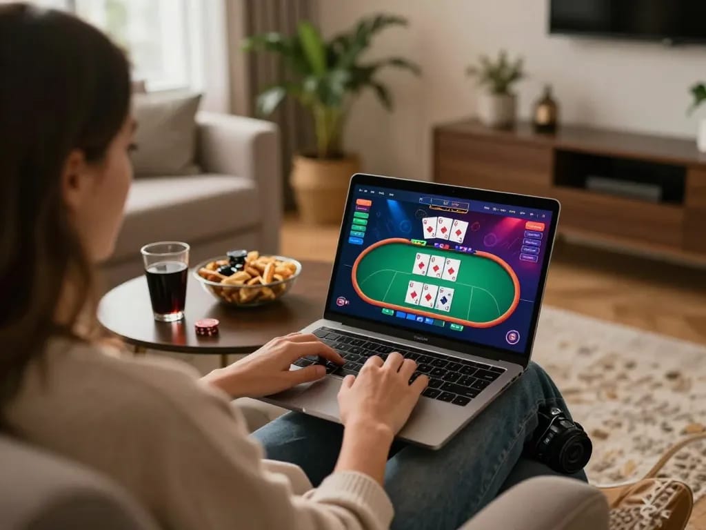 Player enjoying sites not on gamstop during an online poker game at home.