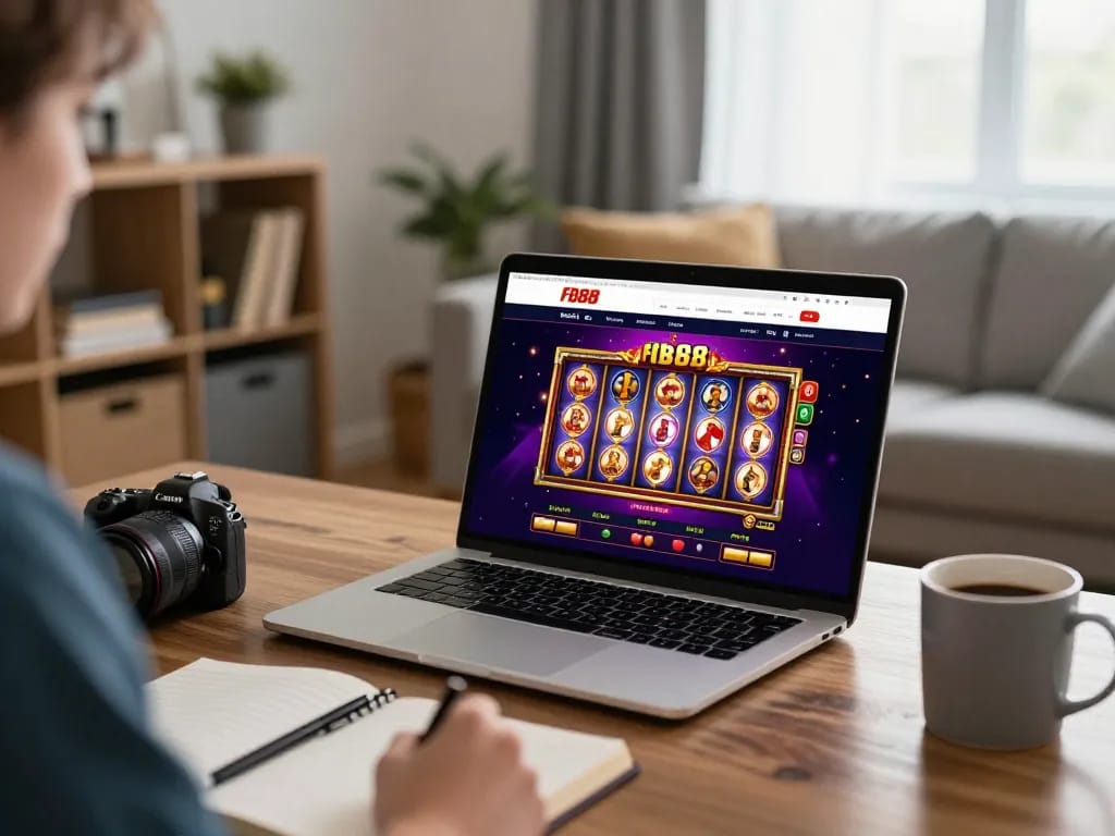 Engaging player enjoying slot games on fb88 laptop in a cozy home environment, with thoughtful gaming spread around.