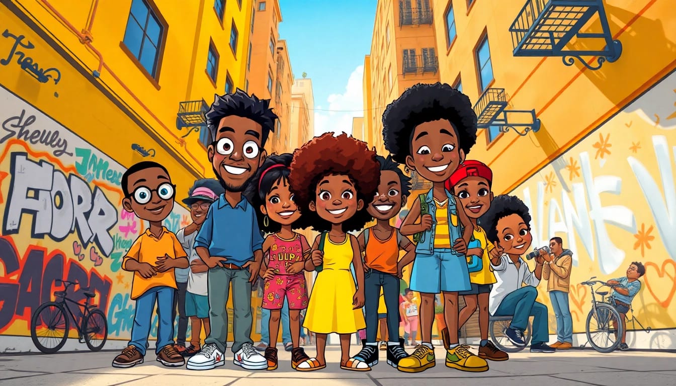 Diverse representation of African American Cartoons in a vibrant city scene.