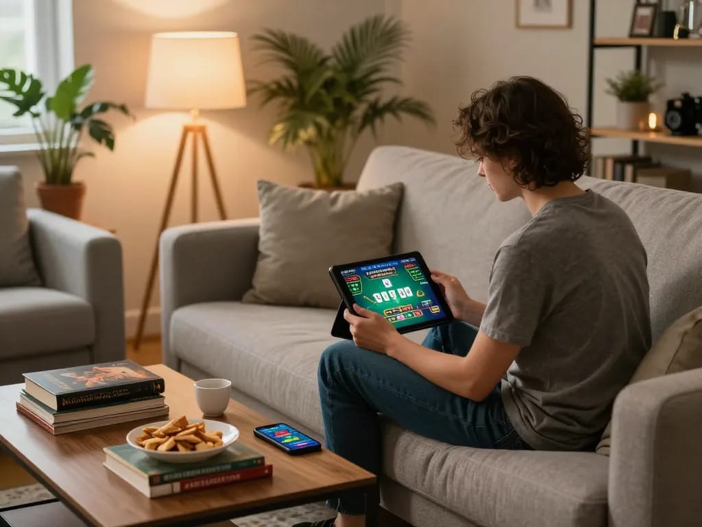 Player enjoying rr88 live blackjack on tablet in a cozy home setting with snacks and strategy books.