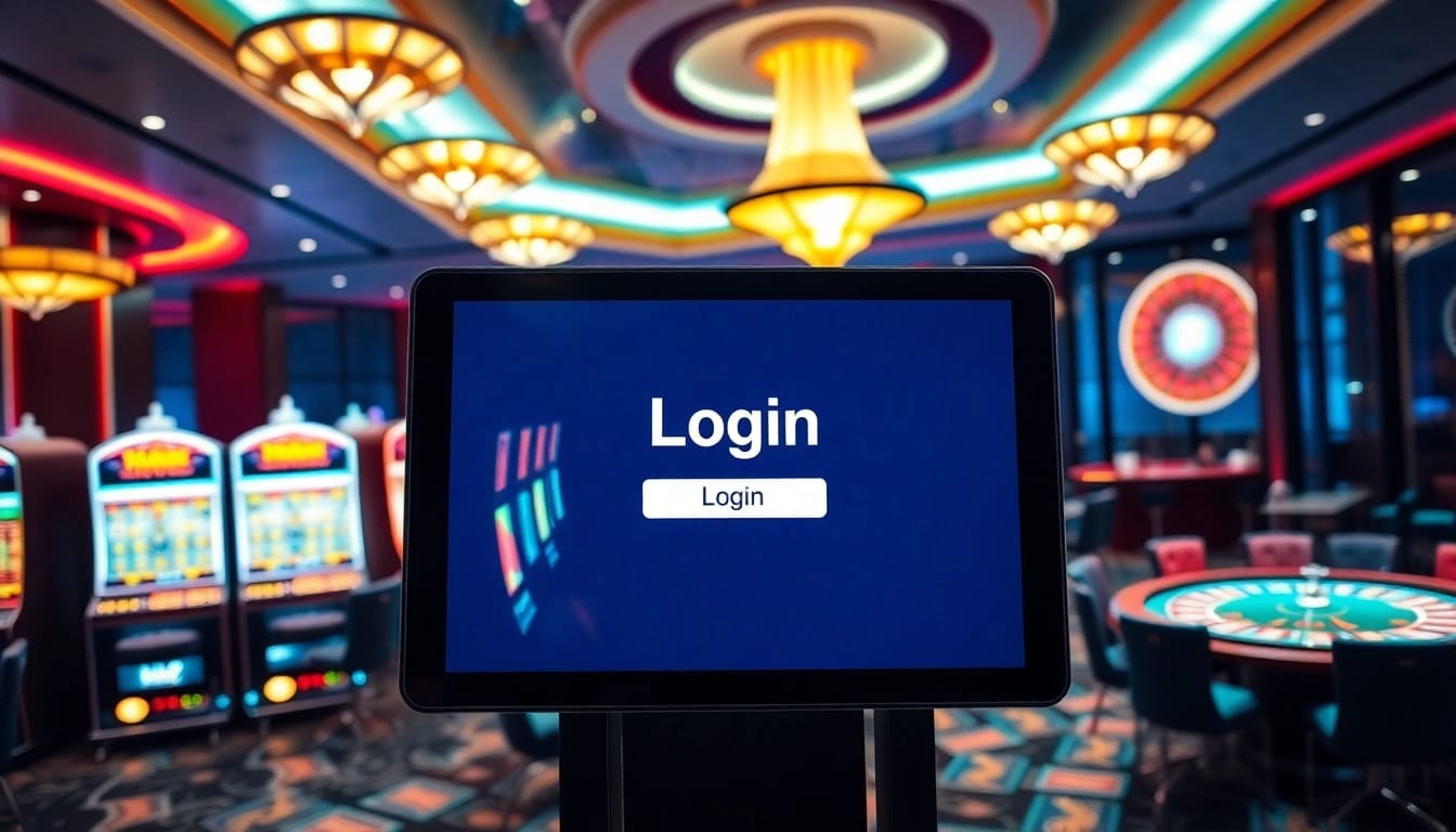 Login to the casino experience with vibrant tables and slot machines setting an inviting atmosphere.