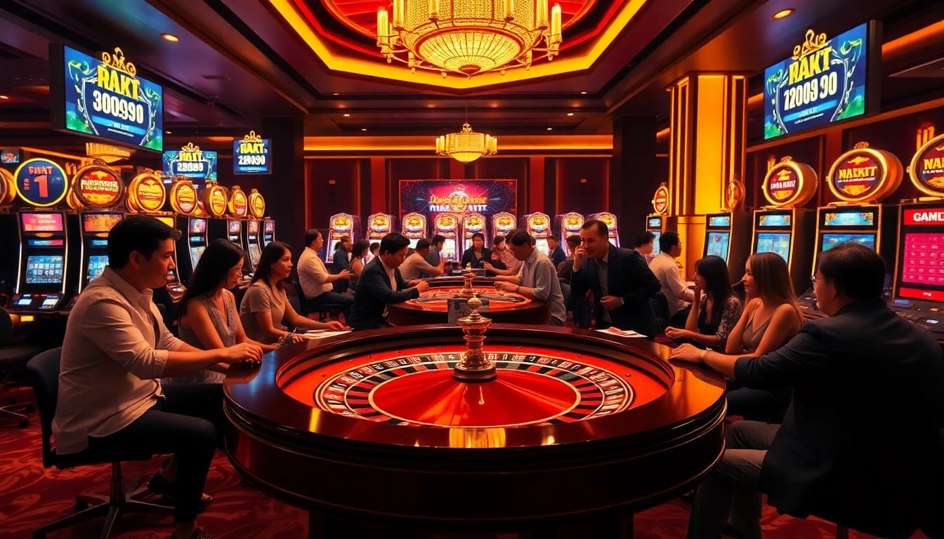 Kết quả xổ số displayed on bright screens in a luxurious casino setting with roulette and excited players.