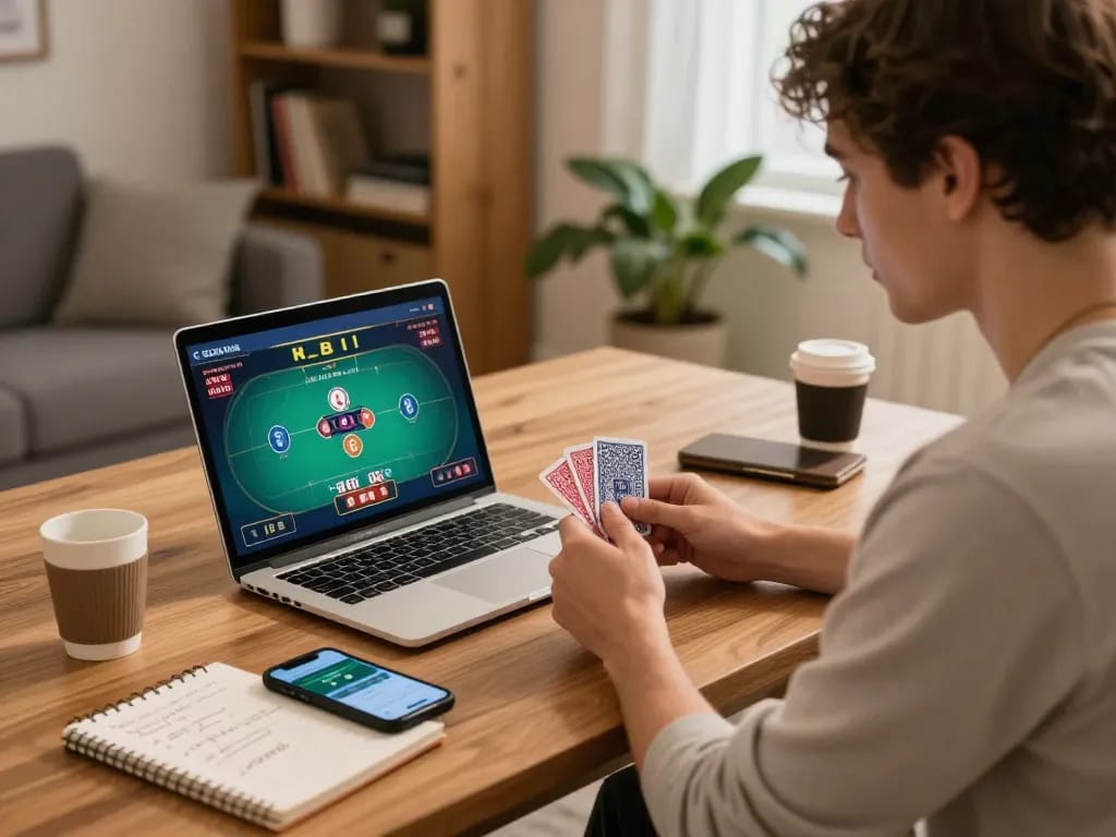 Player strategizing at home with online poker on https://ok789.space/, laptop and smartphone in view.