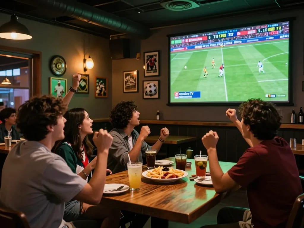 Socolive TV captures live football action while friends cheer in a sports bar, highlighting social engagement.