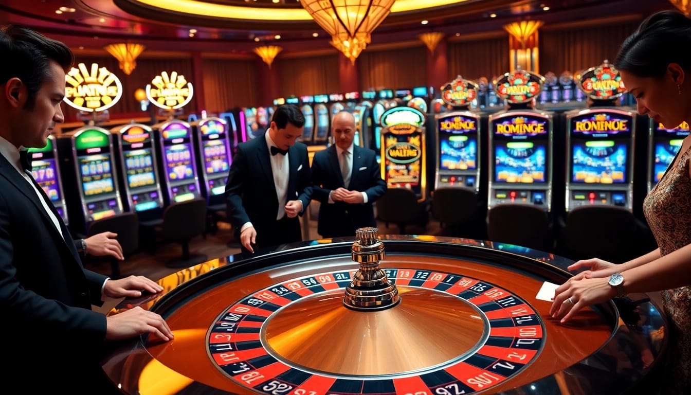 Adegan kasino yang penuh warna menampilkan kegembiraan roulette dan mesin slot di jmacdonaldphoto.com.