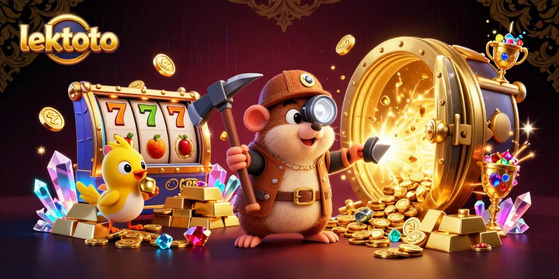 Play lektoto at a vibrant casino with treasure hunter characters, slots, and dazzling gems.