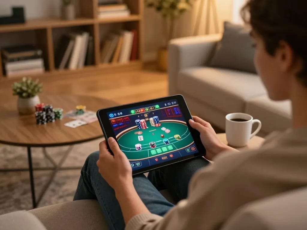 Player strategizing on sc88-bm setup for online poker in a cozy home environment.
