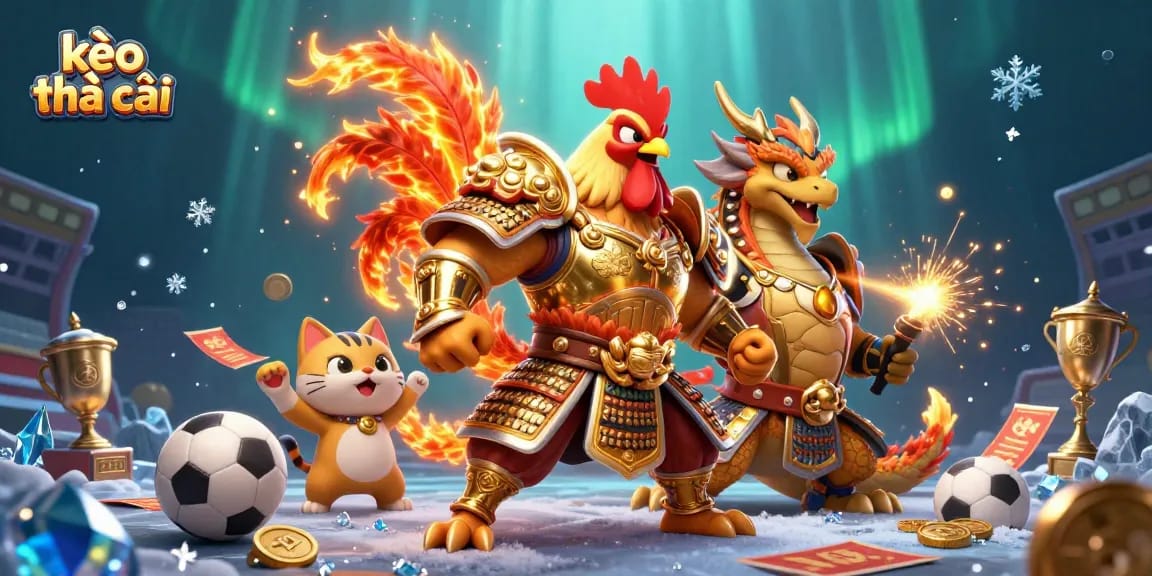 Engage with kèo nhà cái featuring a rooster warrior and a dragon hatchling embracing the thrill of sports betting.