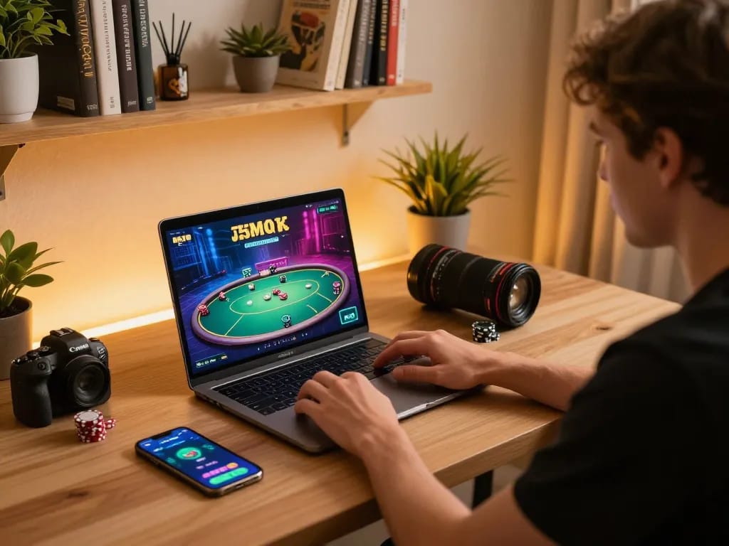 Engaged player utilizing JPTOTO for online poker gaming, showcasing vibrant screen interactions.
