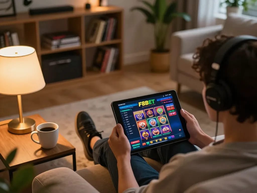 Engaging with F8BET gaming interface on a tablet in a cozy home setup, showcasing responsible online gambling.
