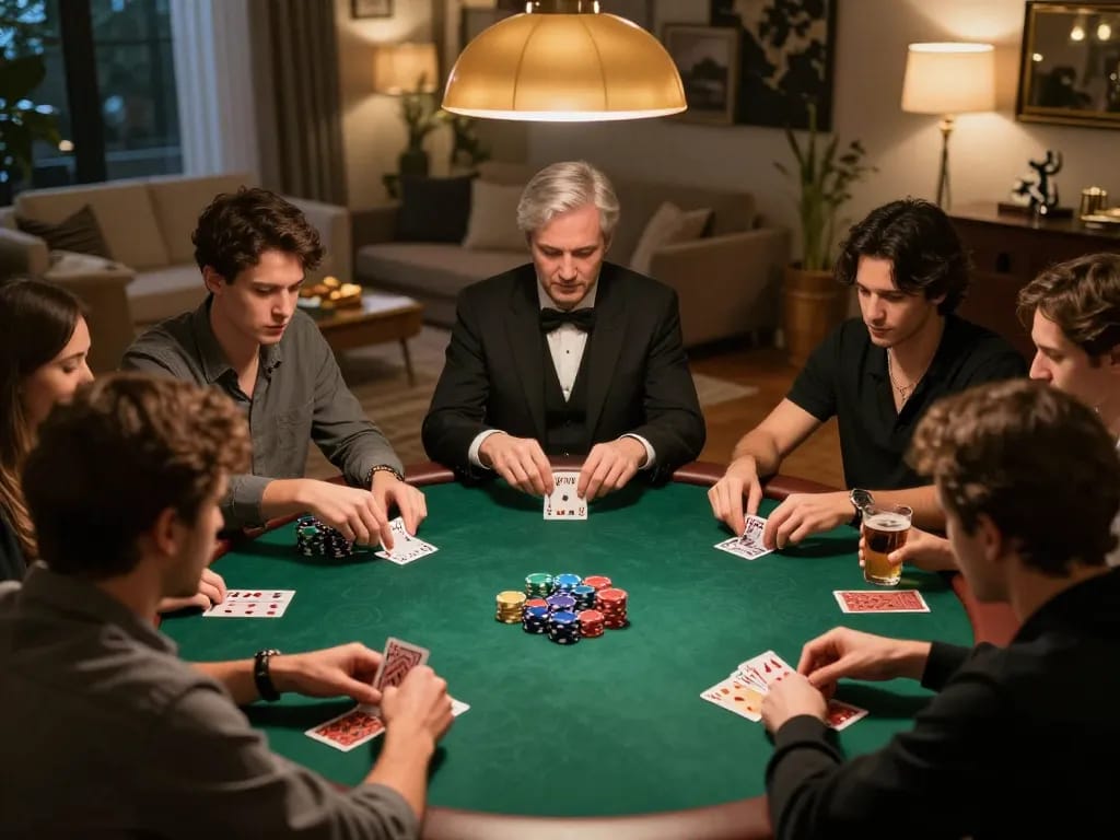 winstrike69 poker game in progress at home with players focused on cards and chips in a cozy setting