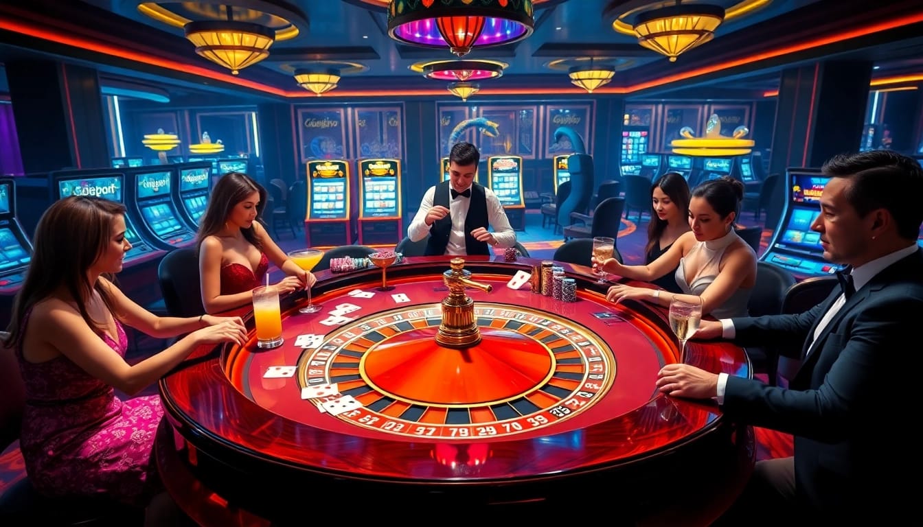 Capture the excitement of Gojekpot at a luxurious casino with players engaging at a roulette table.