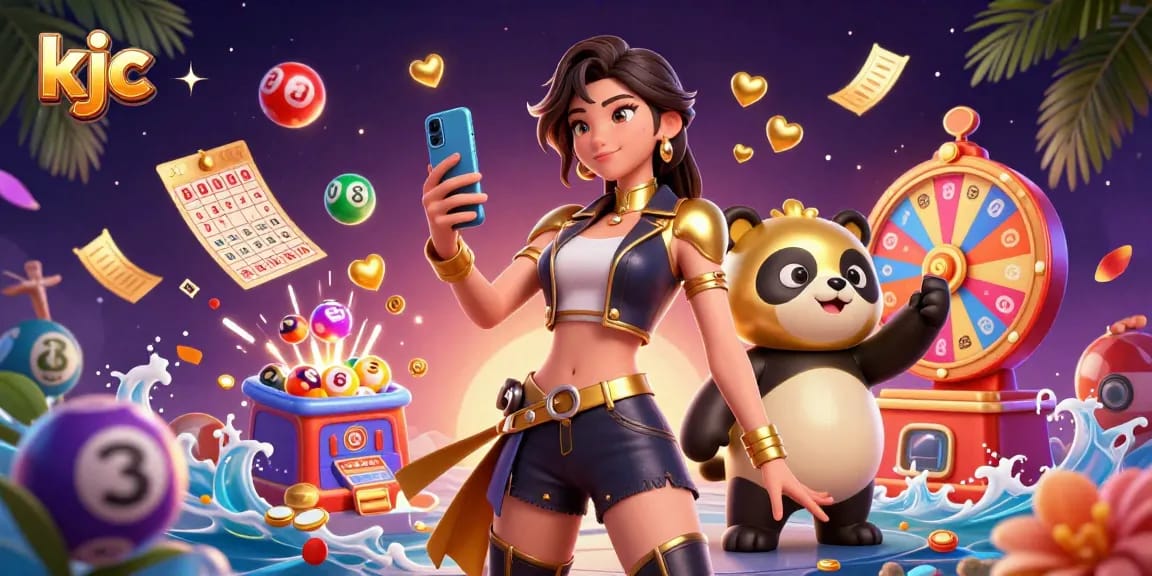 Engage with exciting casino gaming at kjc, a vibrant 3D digital scene featuring a smartphone and lottery elements.
