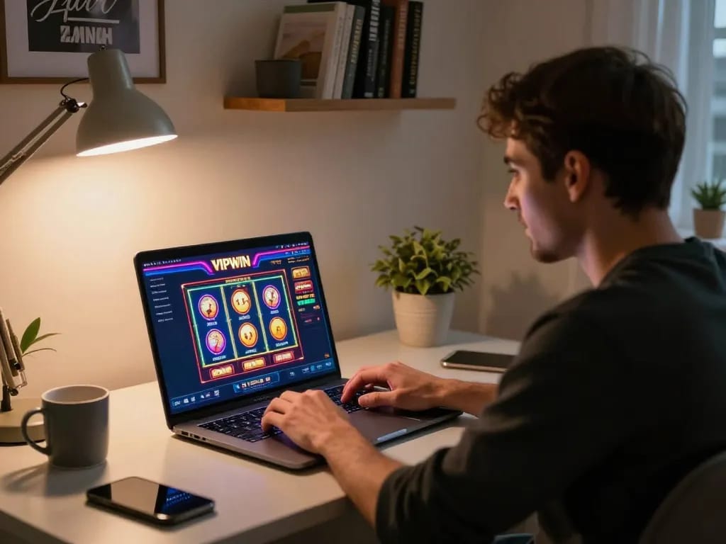 Player enjoying online slots on VIPWIN platform in a cozy home office