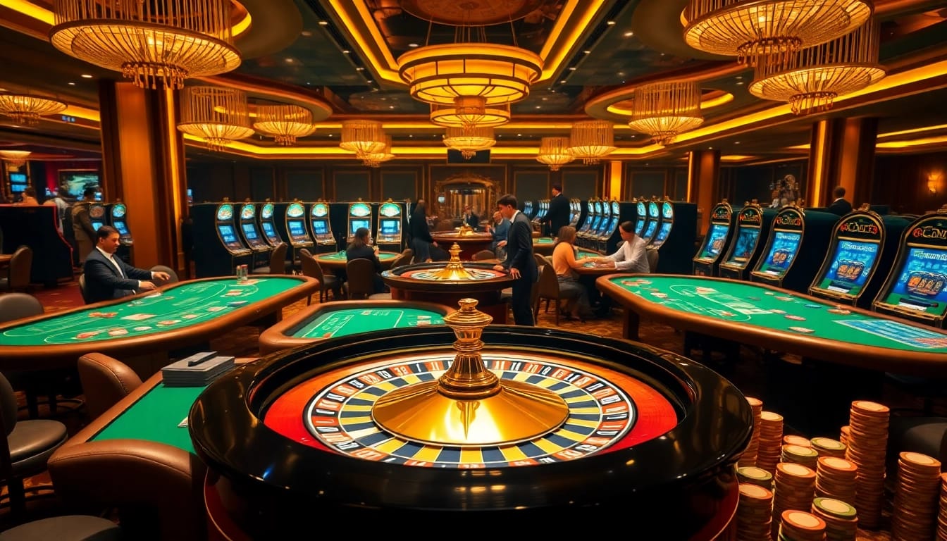 Excited gamblers placing bets at a luxury casino with tables and slot machines representing https://gg88.gold/.
