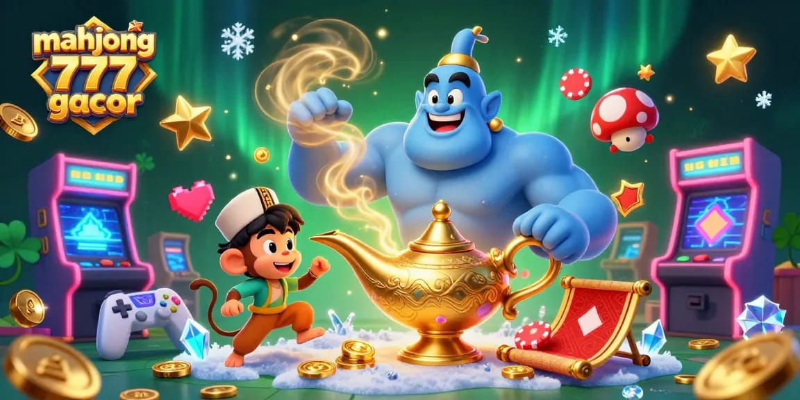 Engaging scene of mahjong 777 gacor with a blue genie, monkey, and poker chips amidst vibrant casino elements.