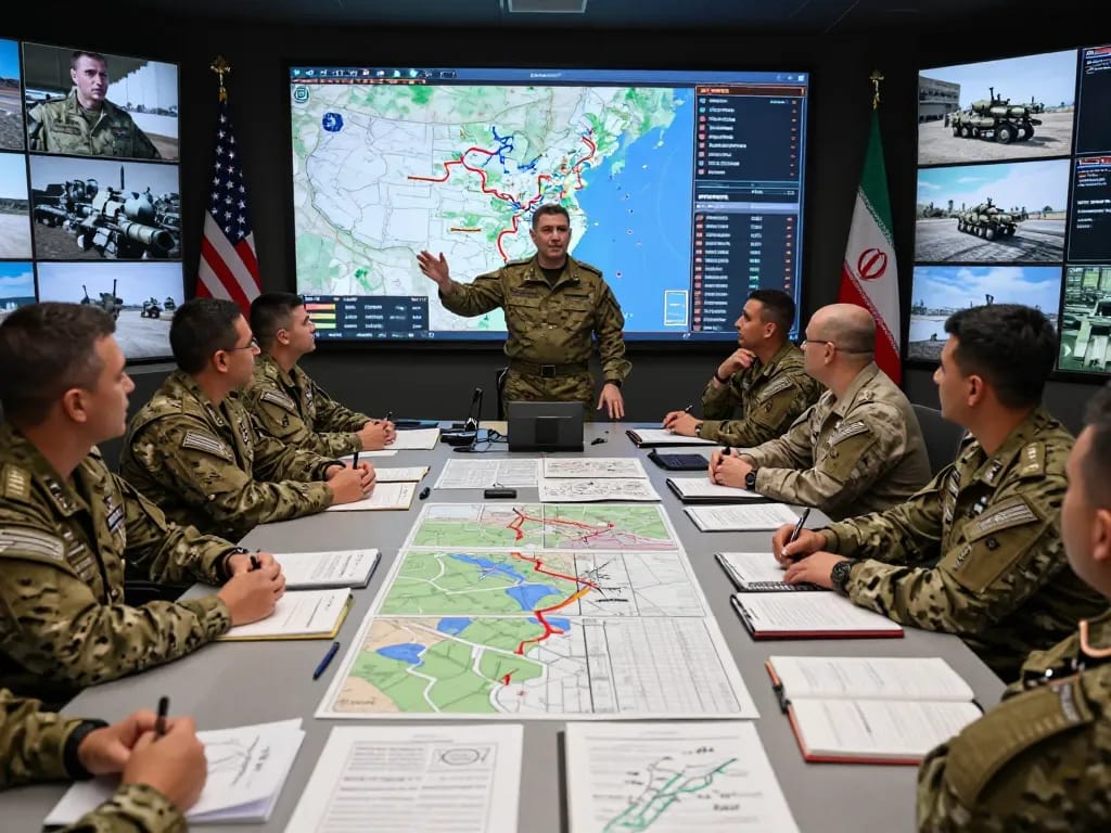 Military leaders strategizing during US Iran war, displaying tactical maps and military reports in command center.