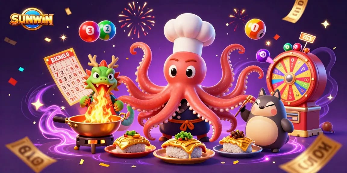 SUNWIN engages players with a vibrant illustrated scene of lottery and culinary fun in a casino context.
