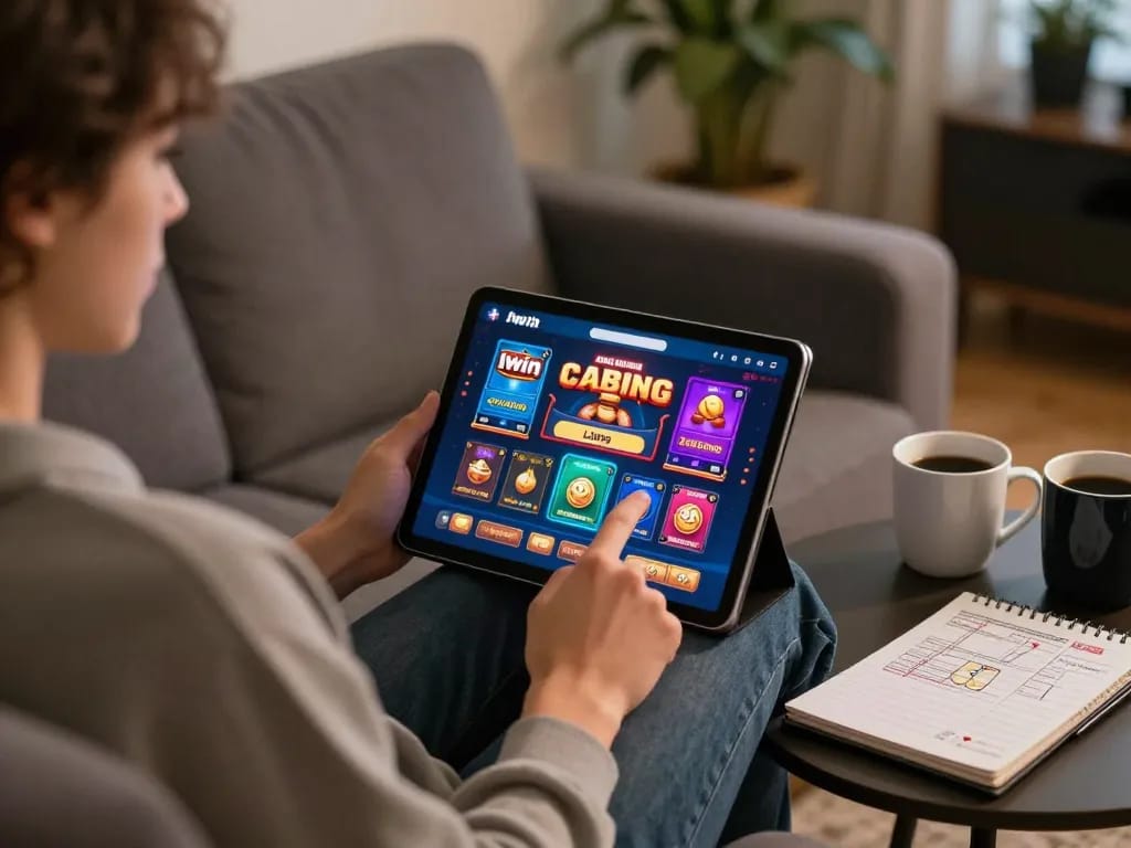Experience engaging Iwin online gameplay in a cozy home setting with strategy notes and a tablet.
