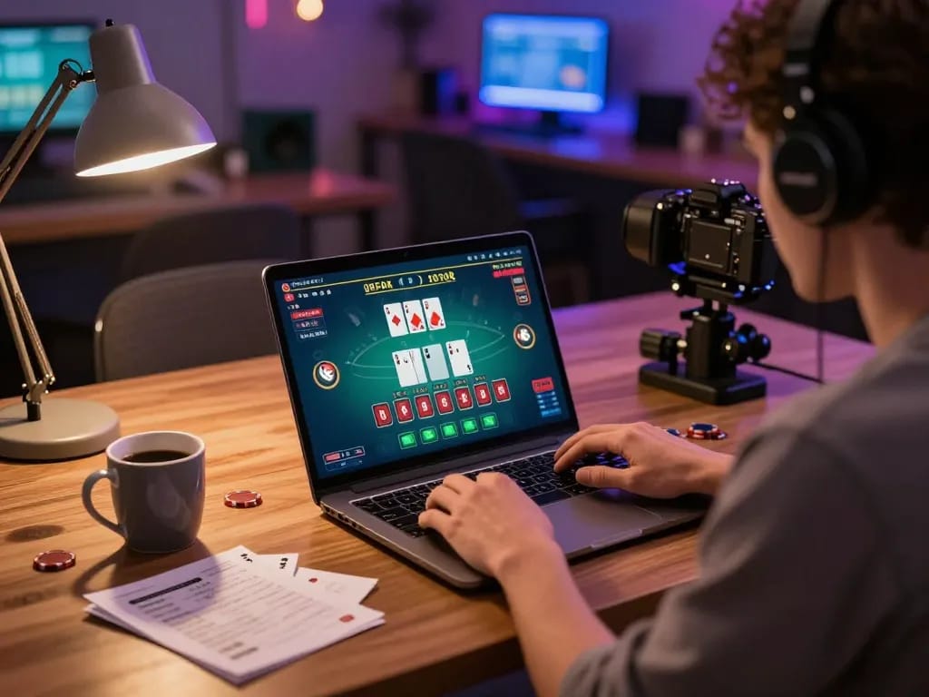 Player enjoying online blackjack game on laptop, enhancing w 88 gaming experience with strategy notes.