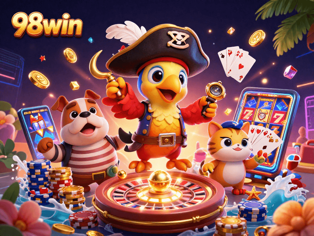 Experience thrilling gaming with pirate captain characters at 98win, surrounded by casino elements.