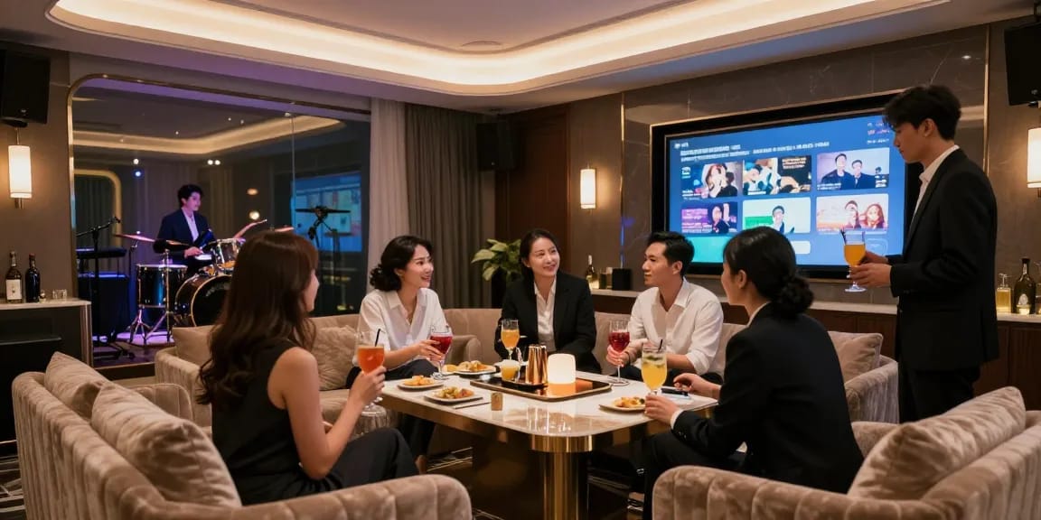강남쩜오의 프리미엄 가라오케 공간에서 즐거운 대화와 고급 음료를 즐기는 고객들 모습