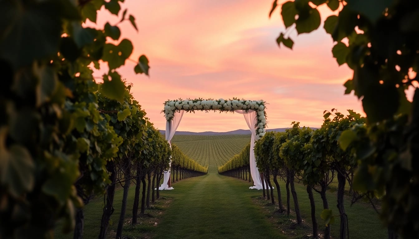 Captivating Clarksburg wedding venues showcasing a romantic vineyard with an elegant wedding arch.