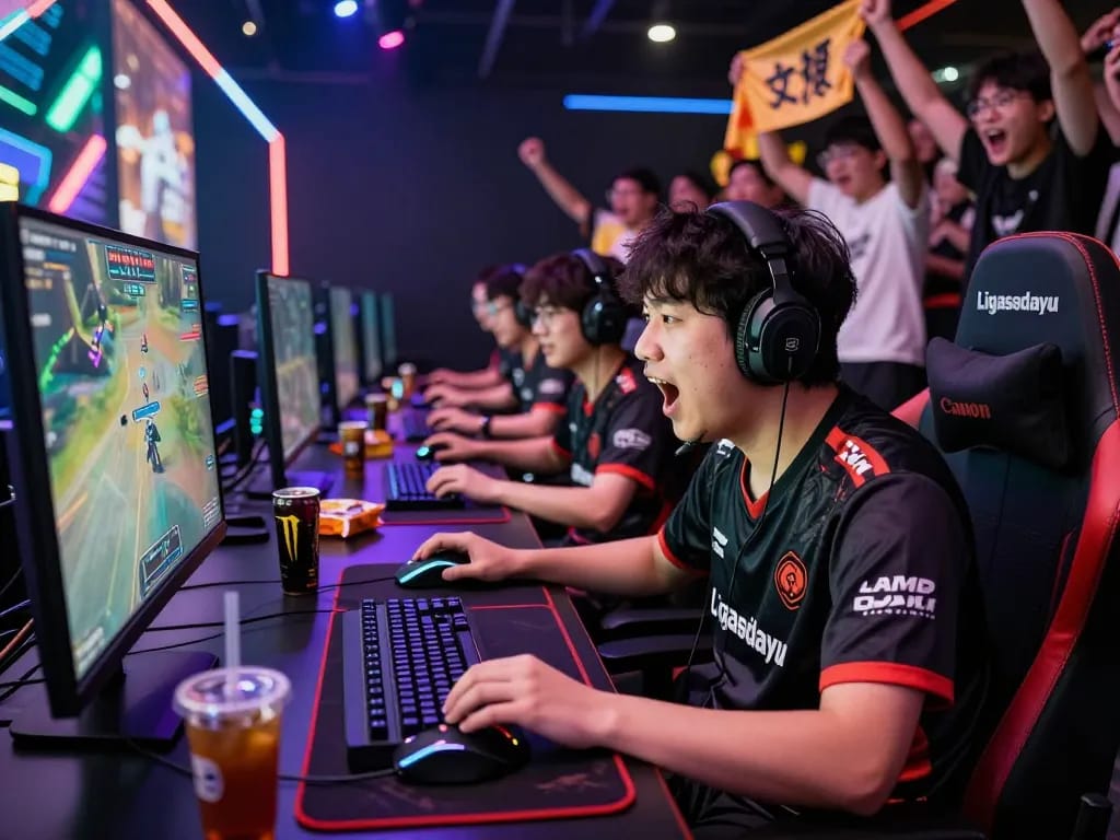 Player wearing ligasedayu merchandise engaged in an energetic esports tournament with fans cheering in the background.