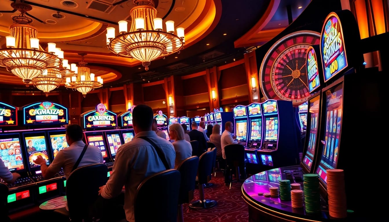 Players enjoying a thrilling slot machine experience filled with excitement and casino atmosphere.