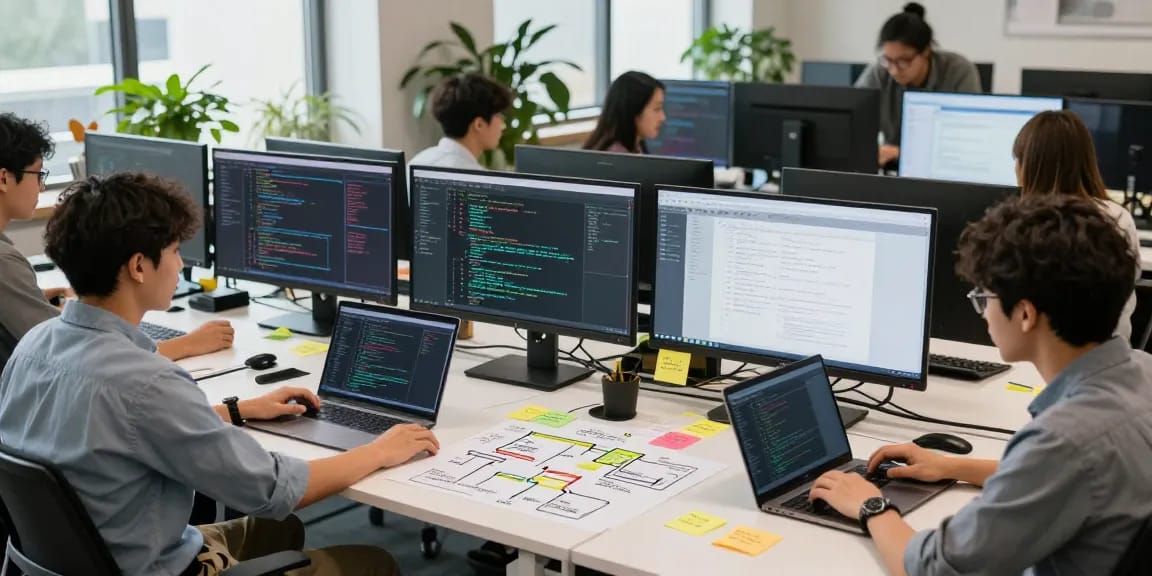 Engaging team collaboration in a tech workspace showcasing 纸飞机中文版官网 design and development.