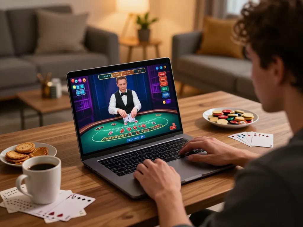 Engaging in live blackjack action at nhà cái 5679, featuring user interaction with live dealer on laptop