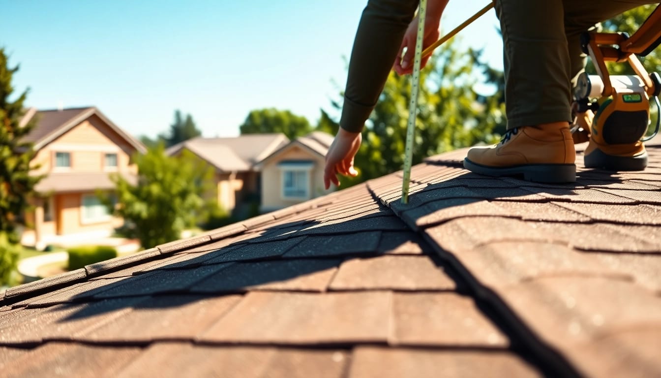 Roofer performing a detailed inspection for roof repair in a sunny neighborhood.