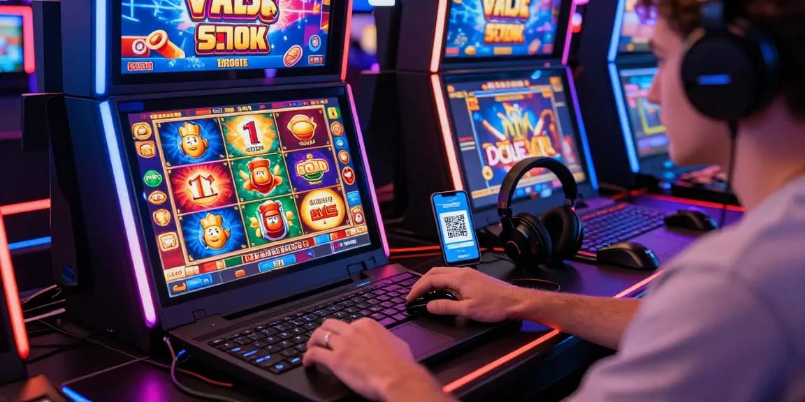 Engaging scene of a player using slot deposit 1k on a laptop with colorful slot game graphics.