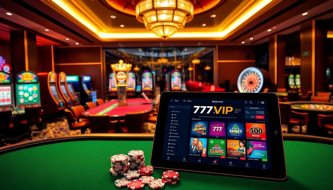 Engaging casino scene showcasing the 777VIP online gambling platform with poker tables, slot machines, and excitement.