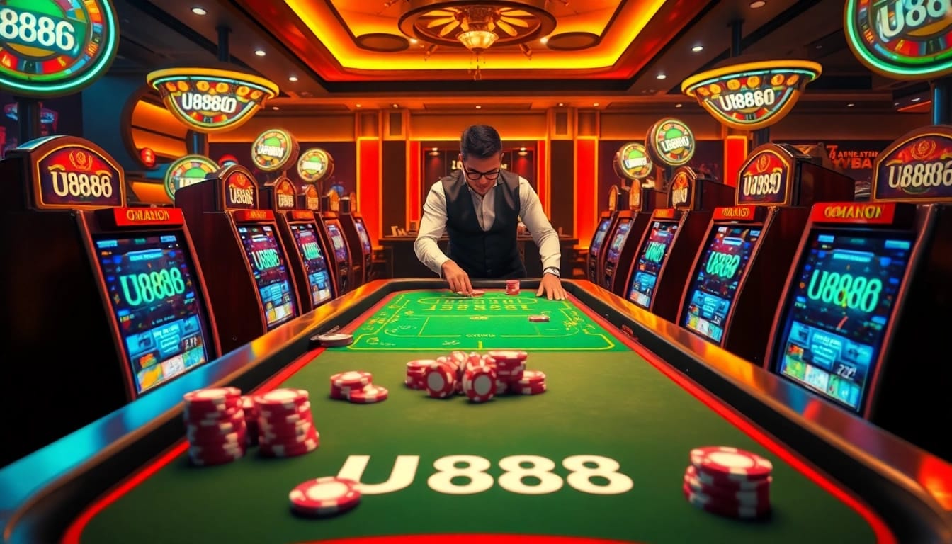 Experience the thrill of U8888 with players actively engaging at a luxurious casino table full of excitement.