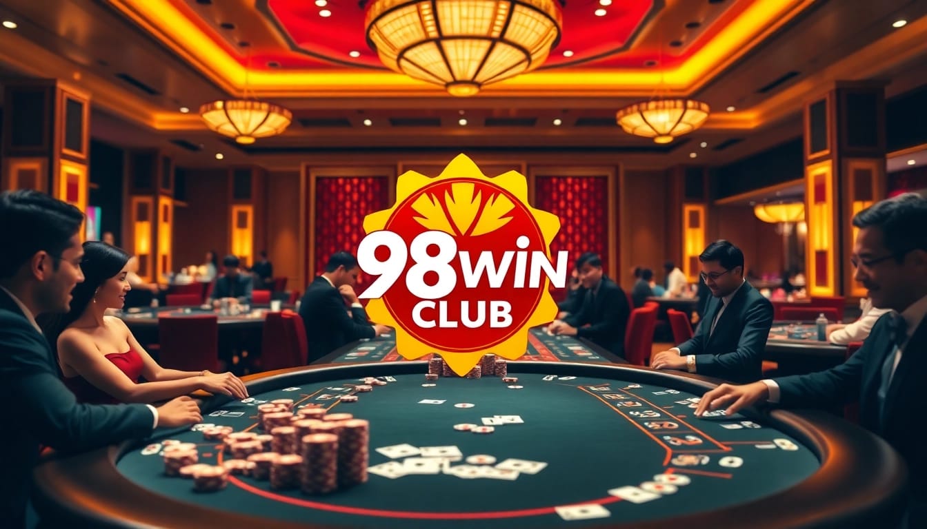 A gaming table scene at the 98win club showcasing poker chips and cards in action.